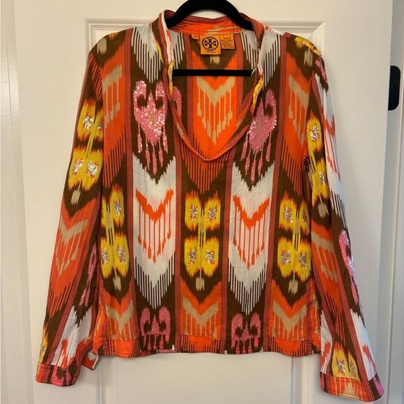 TORY BURCH Long Sleeve Ikat Aztec Sequin Resort Print Blouse Women’s Size 8 - Picture 1 of 5